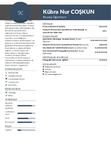 Biyoloji Öğretmeni CV Örnekleri cv indir